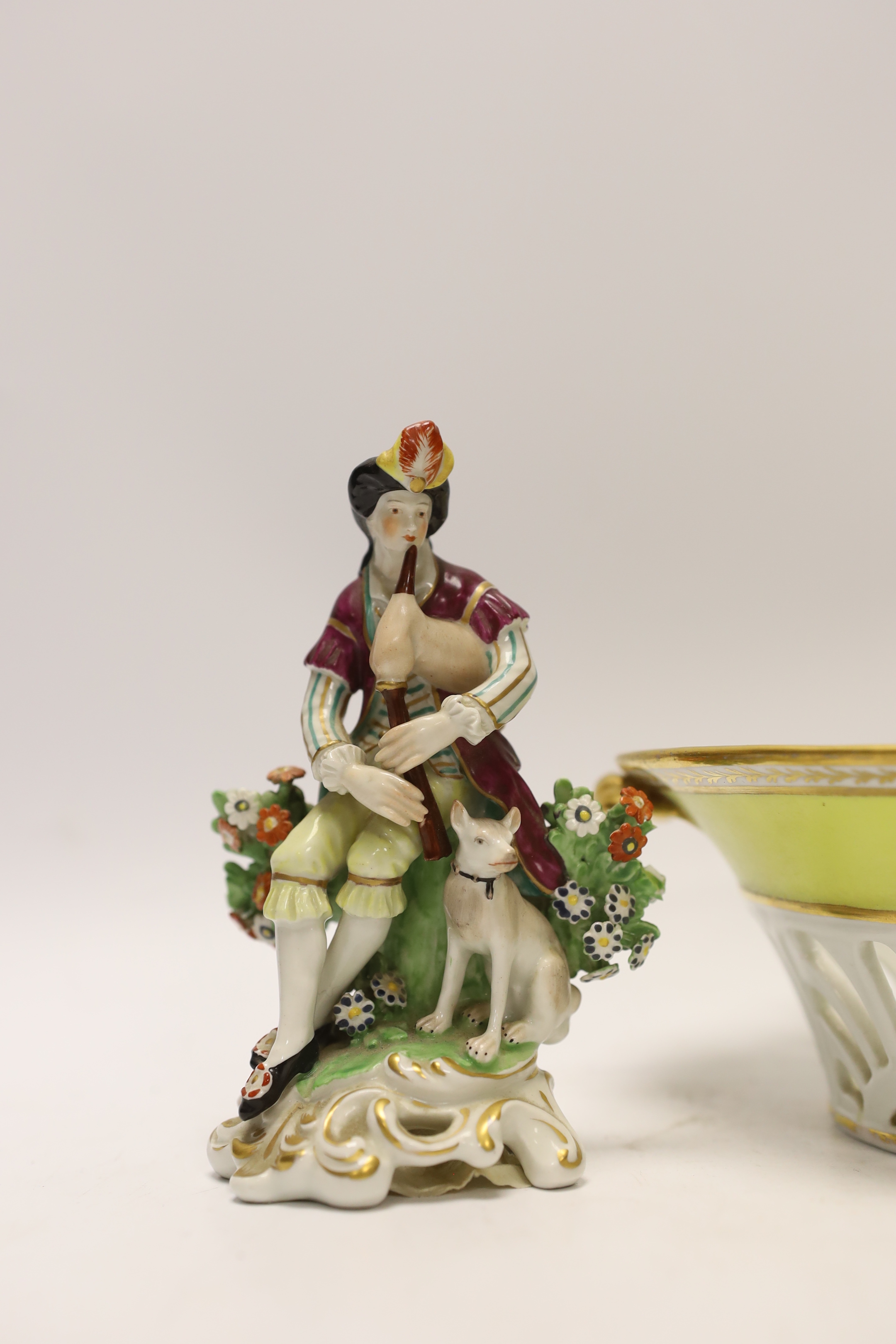 An English porcelain yellow ground botanical specimen basket, c.1795–1800 19th century Derby figure group together with a Victorian ‘Common Lilac’ dish, 25cm